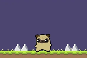 En pixelgrafik hund, der står på græsset med pigge i baggrunden og en mørk lilla himmel