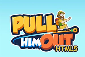 Teksten PULL HIM OUT HTML5 i farverige bogstaver med en mand i eventyrudstyr ved siden af