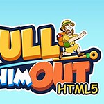 Teksten PULL HIM OUT HTML5 i farverige bogstaver med en mand i eventyrudstyr ved siden af
