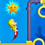 En animeret figur med langt blond hår og rød kjole svømmer mod en smilende stjerne omgivet af blå og gule rør