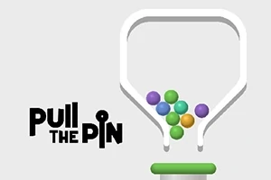 En tragtformet beholder med farvede kugler og teksten Pull the Pin på venstre side
