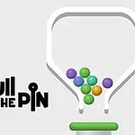 En tragtformet beholder med farvede kugler og teksten Pull the Pin på venstre side