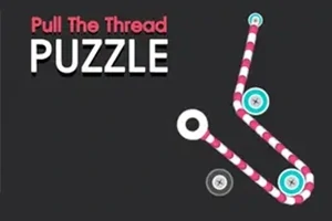Titeltekst Pull The Thread Puzzle med en rød- og hvidstribet tråd, der former et geometrisk mønster på sort baggrund