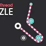 Titeltekst Pull The Thread Puzzle med en rød- og hvidstribet tråd, der former et geometrisk mønster på sort baggrund