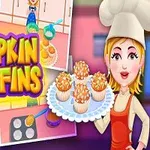 En kok i hvid hat holder en tallerken med græskarmuffins, omgivet af farverige køkkenscener