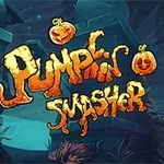 Tegnet tekst Pumpkin Smasher omgivet af tre glade græskar på en mørk, uhyggelig baggrund