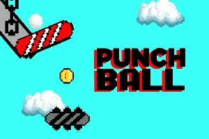 Tekst Punch Ball i pixeleret skrifttype med skyer, en gul mønt og to sorte og røde platforme på en lys blå baggrund