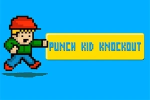 Pixelkunst-billede af en figur med rød kasket og grønt tøj, der laver et slag mod teksten PUNCH KID KNOCKOUT på en blå baggrund