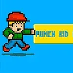 Pixelkunst-billede af en figur med rød kasket og grønt tøj, der laver et slag mod teksten PUNCH KID KNOCKOUT på en blå baggrund