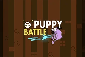 Illustration af en lilla hund med en hat, der skyder blå projektiler, med teksten PUPPY BATTLE på en brunstribet baggrund