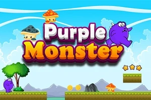 Purple monster og farverige svampe i en tegneserieagtig landskabsscene med platforme og stjerner