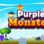 Purple monster og farverige svampe i en tegneserieagtig landskabsscene med platforme og stjerner