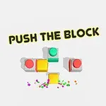 Ordene PUSH THE BLOCK vises over geometriske figurer i forskellige farver med røde og grønne knapper