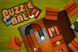 Et puslespil med træplader og rør på en grøn baggrund med ordet Puzzle Ball i toppen
