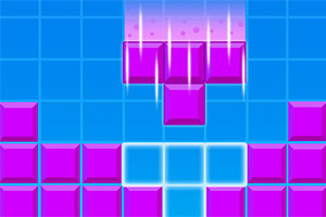 Pink blokke falder ned mod en blå gitternetbaggrund i et geometrisk mønster med lysende effekter