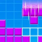 Pink blokke falder ned mod en blå gitternetbaggrund i et geometrisk mønster med lysende effekter