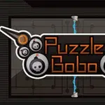 Grafik med ordet Puzzle Bobo omgivet af bombelignende ikoner og en lyseblå linje i baggrunden