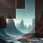 Fantasifuldt landskab med dramatiske bjerge og en mystisk himmel i skumringslys