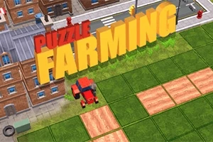 Landbrugsscene med en rød traktor på marker foran en bygning, med teksten PUZZLE FARMING i gule og røde bogstaver
