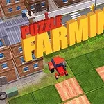Landbrugsscene med en rød traktor på marker foran en bygning, med teksten PUZZLE FARMING i gule og røde bogstaver