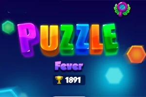Farverige bogstaver, der staver Puzzle med ordene Fever og en trofæikon med tallet 1891 mod en mørk baggrund med hexagoner