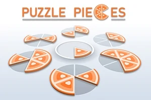 Flere cirkulære pizzastykker placeret i grupper med et centralt tema og teksten Puzzle Pieces øverst