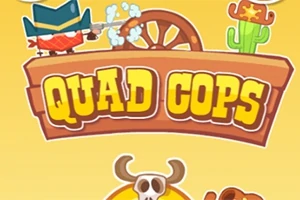 Tegneserie-illustration med en cowboy, kaktus, hjul og teksten Quad Cops på en gul baggrund