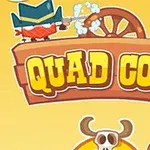 Tegneserie-illustration med en cowboy, kaktus, hjul og teksten Quad Cops på en gul baggrund