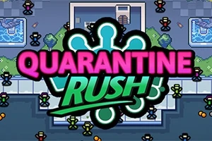 Farverigt pixel-art billede med teksten Quarantine Rush over en scene med små figurer omkring en bygning