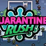 Farverigt pixel-art billede med teksten Quarantine Rush over en scene med små figurer omkring en bygning