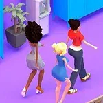 Tre animerede figurer går på en lilla gulvflade ved siden af en plante og blå skabe