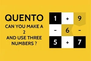Gult puslespil med tal i en 2x2 gitter, med operationer plus og minus vist, og teksten: Quento, can you make a 2 and use three numbers?