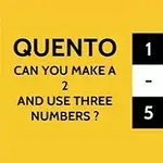 Gult puslespil med tal i en 2x2 gitter, med operationer plus og minus vist, og teksten: Quento, can you make a 2 and use three numbers?