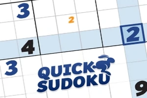 En delvist udfyldt nummergitter med teksten Quick Sudoku i blå bogstaver