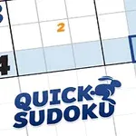 En delvist udfyldt nummergitter med teksten Quick Sudoku i blå bogstaver