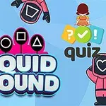 Farverige figurer i pink dragter med geometriske symboler på deres ansigter omgiver teksten Squid Round på en blå baggrund