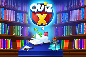 Farverige bøger på hylder, et opslået bog med flyvende tal og symboler, en flaske og et skilt med teksten Quiz X