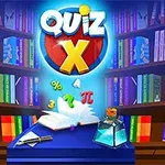 Farverige bøger på hylder, et opslået bog med flyvende tal og symboler, en flaske og et skilt med teksten Quiz X