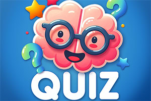 Smilende tegneseriehjerne med briller, spørgsmålstegn, stjerner og stor hvid tekst QUIZ på blå baggrund