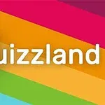 Farverige diagonale striber med teksten Quizland i centrum