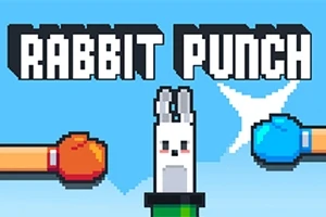 Pixelgrafik af en kanin i midten under stor tekst med titlen, flankeret af boksehandsker i rød og blå på hver side mod en blå baggrund