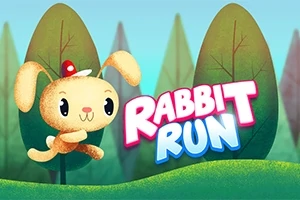 En tegnet kanin med en rød hat hopper foran teksten Rabbit Run i en skov med store træer i baggrunden