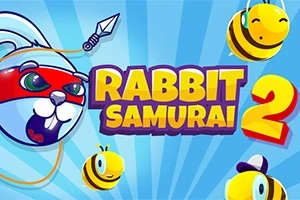 En tegneserieagtig illustration med en kanin iført et rødt pandebånd, omgivet af tre glade bier, og teksten Rabbit Samurai 2 i midten mod en blå strålebund