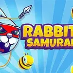 En tegneserieagtig illustration med en kanin iført et rødt pandebånd, omgivet af tre glade bier, og teksten Rabbit Samurai 2 i midten mod en blå strålebund