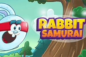 En hvid kanin med rødt pandebånd hopper ved siden af et træ i en tegneserieagtig skovscene med teksten Rabbit Samurai