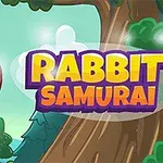 En hvid kanin med rødt pandebånd hopper ved siden af et træ i en tegneserieagtig skovscene med teksten Rabbit Samurai