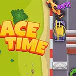 Tegneseriestil racerbiler kører på en bane med teksten Race Time i et grønt område til venstre