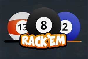 Tre biljardkugler med tallene 13, 8 og 2, samt teksten Rack Em foran dem