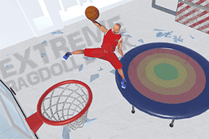En person i rødt sportstøj laver en basketball-slam dunk med hjælp fra en trampolin