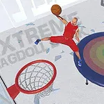En person i rødt sportstøj laver en basketball-slam dunk med hjælp fra en trampolin